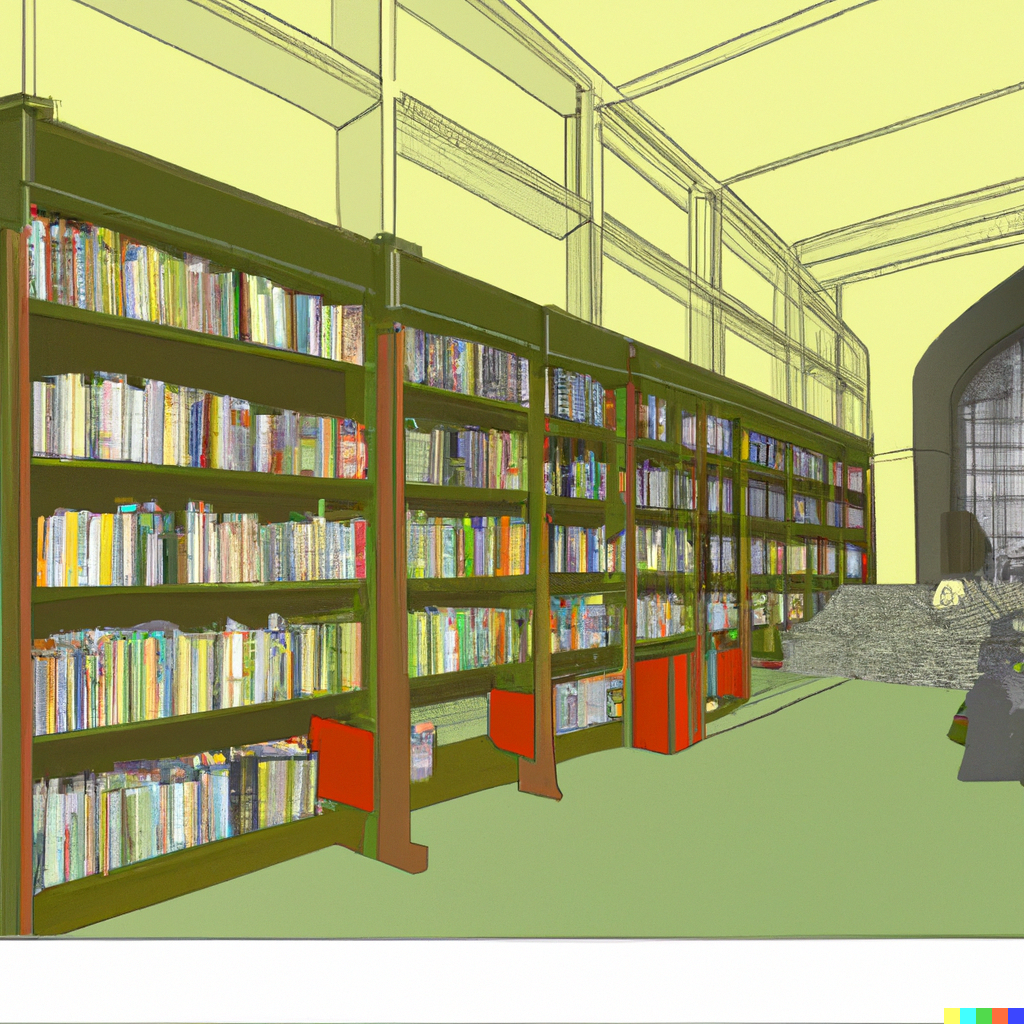 graphic novel depiction of a library