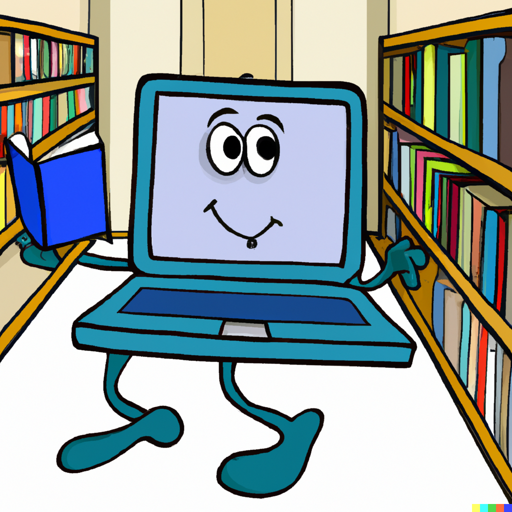cartoon laptop holds a book in the library