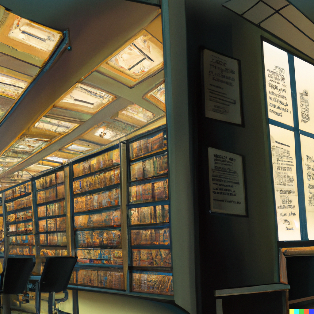 graphic novel depiction of a library