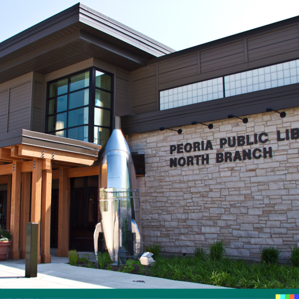 image of the library with a 1950s shiny rocket ship superimposed over the building