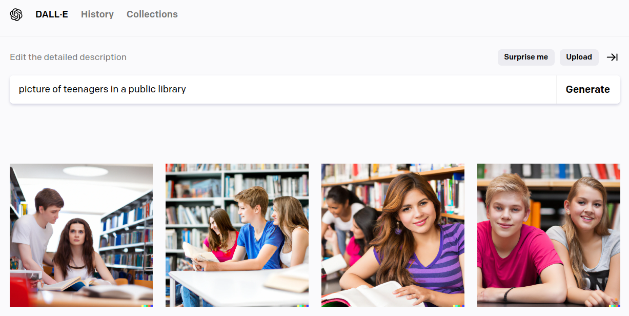 screenshot of Dall-E Image generator, prompt is "picture of teenagers in a public library" and all generated pictures have people that appear white.