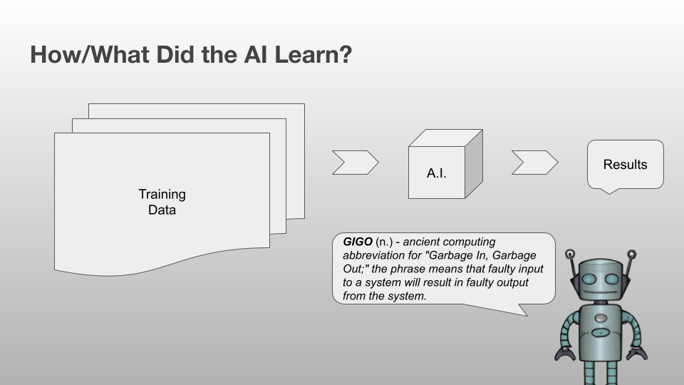 graphic titled "How/What did the AI Learn? There is a symbol for Training Data" which leads to a cube labeled "A.I." which leads to a box labeled "Results." A small cartoon robot says "GIGO (n.) - ancient computing abbreviation for Garbage In, Garbage Out. The phrase means that faulty input to a system will result in faulty output from the system."