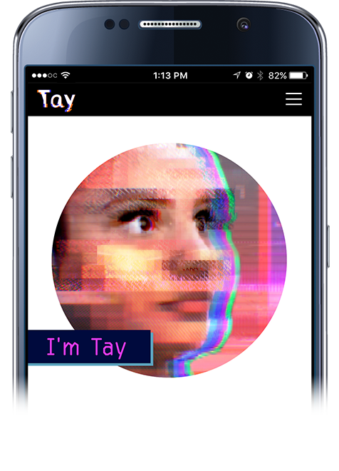 image of a phone with screen displaying a digitally scrambled avatar and the introduction "I'm Tay"