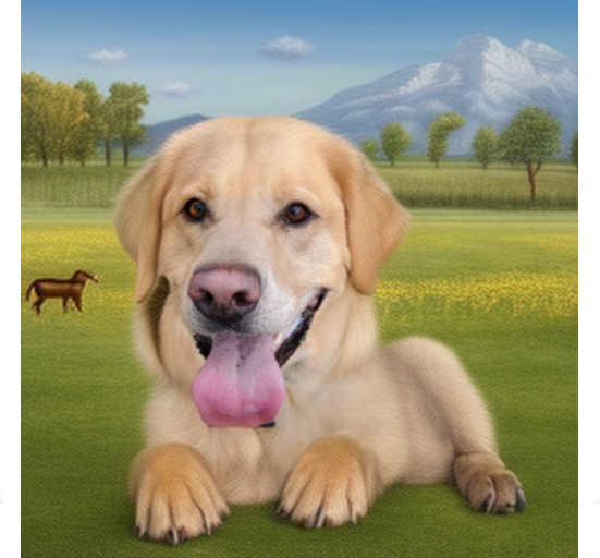 stylized version of the dog superimposed in a pastoral painting
