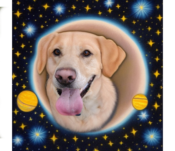 the dog from above on an abstract space-themed background with stars and starbursts