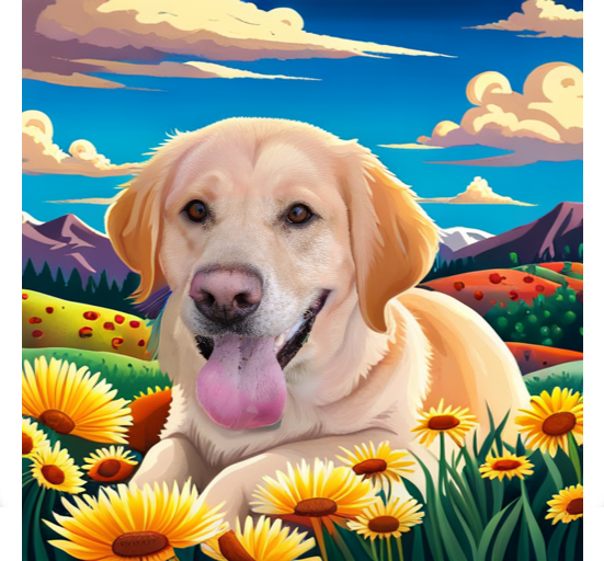the dog above in a beautiful painting of flower fields with mountains in the background